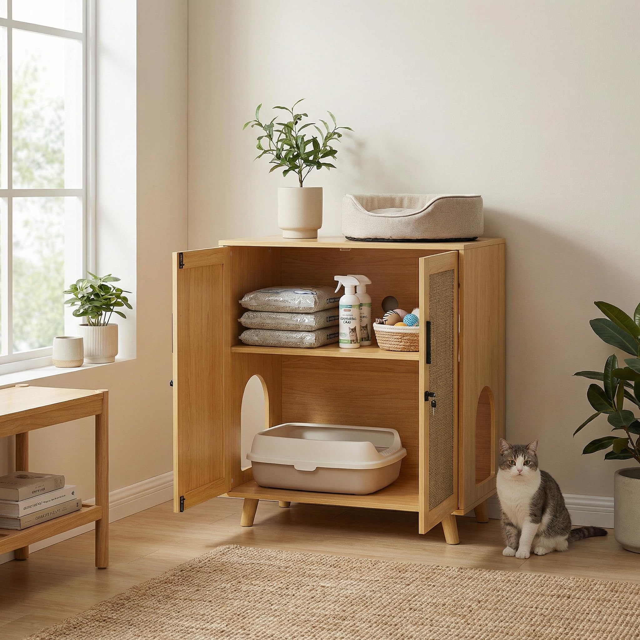 Amazon | VORIN 猫トイレカバー 爪とぎ付き 幅80cm 猫キャビネット 猫
